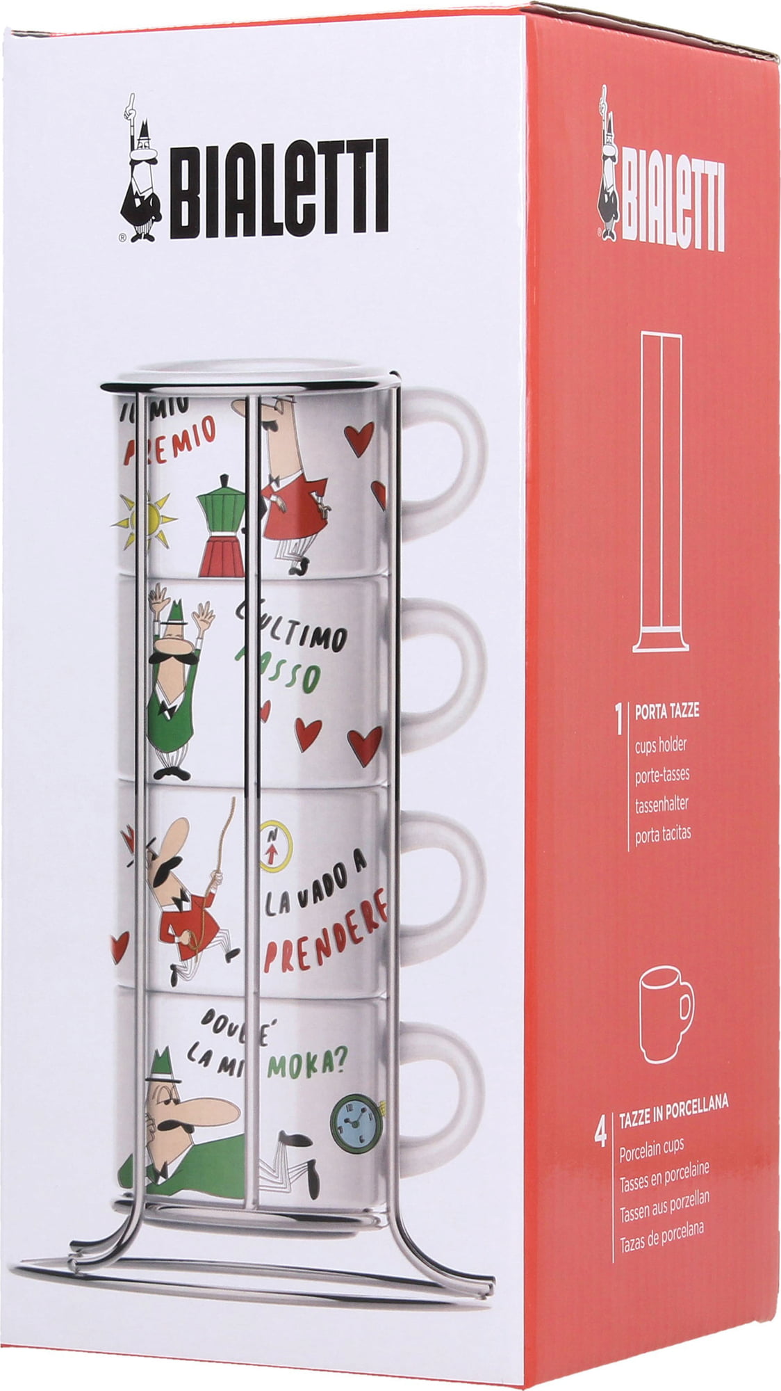LUKA Set 4 Tazze Da Caffè In Porcellana Con Supporto Metallico - 170 Ml, Impilabili, Rosso E Grigio, Per Espresso E Cappuccino