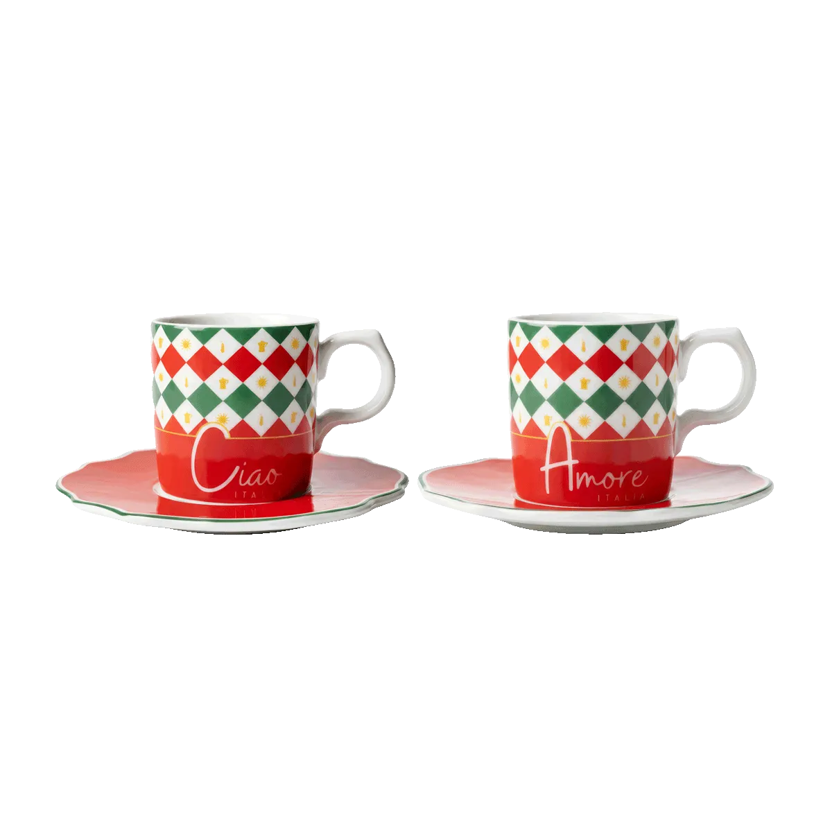 Bialetti Set of 2 Espresso Cups - Tricolore Bialetti Tricolore Set of 2 Espresso Cups (90ml) and Saucers - Image 1
